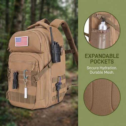 Zsearaymy 25L Small Tactical Hiking Backpack with 180° Open Design Molle System Padded Laptop Lightweight (TAN) - color: Tan