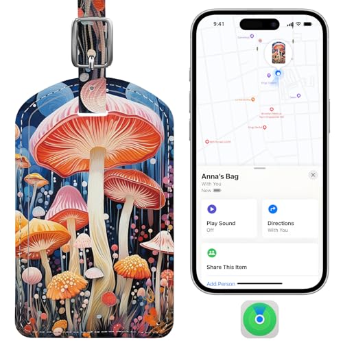 Luggage Tags Built-in Anti-Loss Tracker & Luxury Leather(Mushroom) | for Suitcase, Travel Bags, Backpacks, Travel Organizer for Lost Baggage Prevention - color: Mushroom