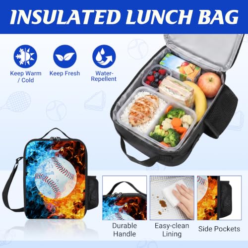 Baseball Backpack Set for School,17 Inch Casual School Bags with Lunch Box, Kids Daypack Bags and Pencil Case Set for Teens Boys Men Students - color: Ice&fire-baseball