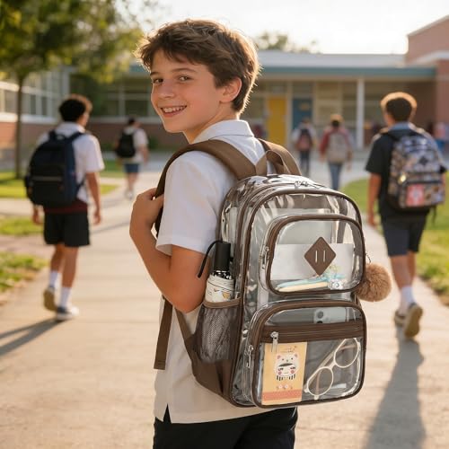 Heavy Duty Clear Backpack for Girls Boys Transparent School Bookbag Kids Durable PVC See Through Backpack - Coffice - color: Coffice
