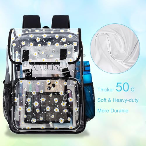 3PCS Clear Backpack, Heavy Duty Transparent Bookbag for Girls Women, Stadium Approved See Through Backpack with Lunch Box (Black Daisy) - color: Black Daisy