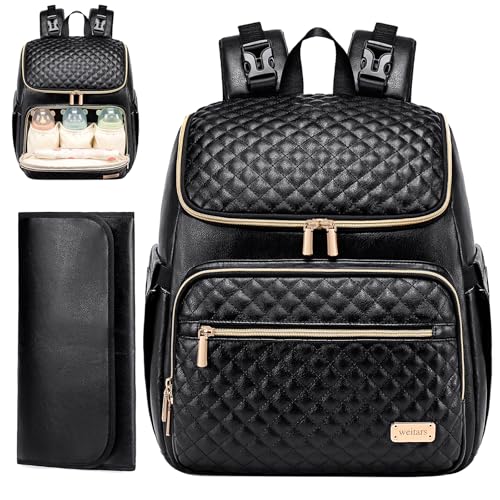 Weitars Diaper Bag Backpack Leather Baby Diaper Bag with Changing Pad Travel Diaper Backpack,Baby Bag for Mom,Stroller Straps,5 Insulated Pockets (Black Leather) - color: Black Leather