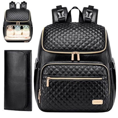 Weitars Diaper Bag Backpack Leather Baby Diaper Bag with Changing Pad Travel Diaper Backpack,Baby Bag for Mom,Stroller Straps,5 Insulated Pockets (Black Leather) - color: Black Leather