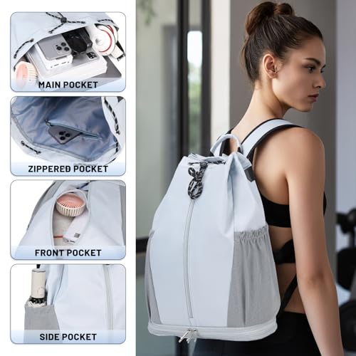 Gym Backpack with Drawstring Closure, Expandable Shoe Compartment, Water Resistant 15.6 Inch Laptop Backpack, Thick Padded Back & Shoulder Straps, Heavy Duty Durable Daypack for Sports, Work & Travel - color: Grey