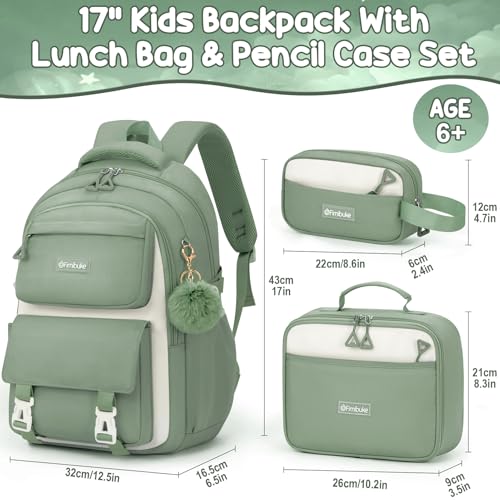 Fimibuke Backpacks for Girls, 3 PCS Waterproof School Backpack with Lunch Box & Pencil Pouch for Kids Teen Girl, Cute Bookbag School Bag for Elementary Middle High School Student Ages 6+(Green) - color: Grey & Green