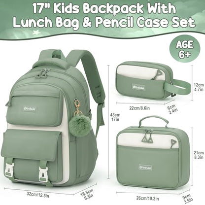 Fimibuke Backpacks for Girls, 3 PCS Waterproof School Backpack with Lunch Box & Pencil Pouch for Kids Teen Girl, Cute Bookbag School Bag for Elementary Middle High School Student Ages 6+(Green) - color: Grey & Green