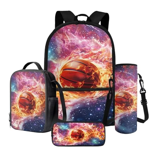 School Bag Backpack Set for Kids Elementary Middle Kids Lightweight Casual Bookbag with Lunch Bag Pencil Case Water Bottle Sleeve, 4 PCS, Basketball Flame Starry Sky - color: Basketball Flame Starry Sky