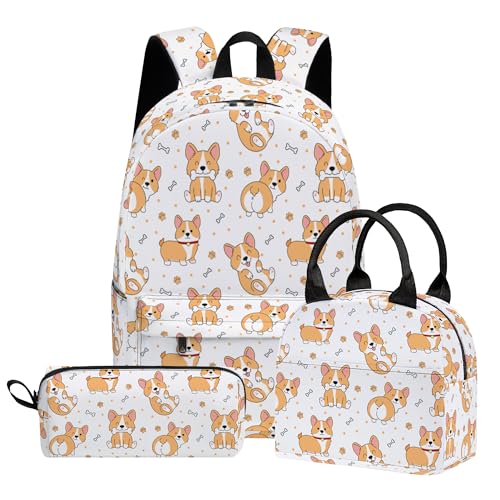 Corgi Cute 3PCS Backpack Set for Teens Elementary Middle High School, 17 Inch Lightweight Classic Bookpack 3 in 1 Set for Girls Boys, Kids Back to School Backpack with Lunch Box Pencil Case - color: Corgi