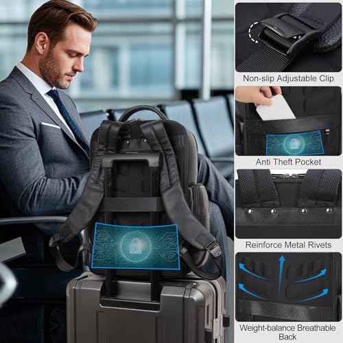 Masa Kawa Black Leather Business Travel Laptop Backpack for Men Fits 15.6" 16" Computer Office Work Commuting Executive Bag Waterproof Daypack