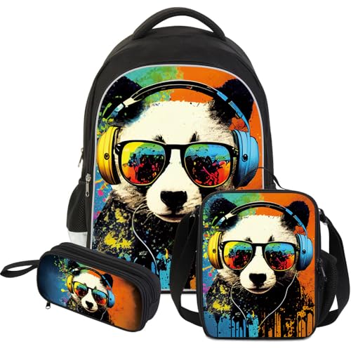 ZRENTAO 3 Pcs Kids Backpack, 3D Reflective Cartoon, 600D Polyester & Dual Zippers, 17" Bookbag with Ergonomic Design for boys & girls age 6-18, Panda Space Style for school Children Kids - color: 06#pandaset