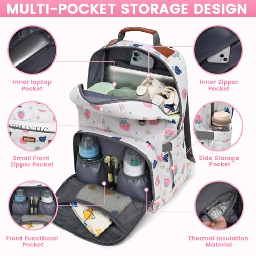 Diaper Bag Backpack, Large Baby Nappy Bags with Portable Changing Pad for Boys and GirlsMultifunction Travel Baby Bag for Moms Dads, Shower Gifts Waterproof and Stylish - color: Berry White