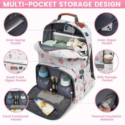 Diaper Bag Backpack, Large Baby Nappy Bags with Portable Changing Pad for Boys and GirlsMultifunction Travel Baby Bag for Moms Dads, Shower Gifts Waterproof and Stylish - color: Berry White