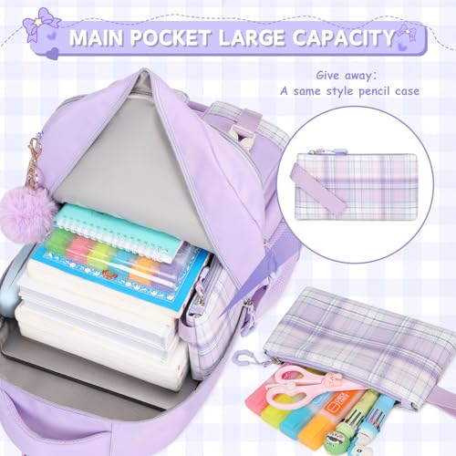 MOONBABY Girls Backpack, Kids Backpack for Girls School Bags with Pen Case, Bow Plaid Book Bag for Elementary Middle Primary High School College, Purple-2pcs - color: Purple