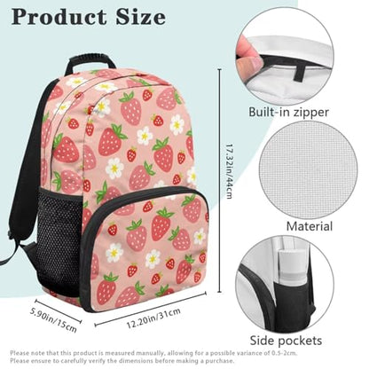 Pink Strawberry Floral Print Trendy All-Over Print Laptop Backpack for Girls & Boys - Durable Polyester School Bagpack with Two Mesh Side Pockets, Padded Shoulder Straps (17.3x12.2x5.9in) - color: Pink Strawberry Floral Print