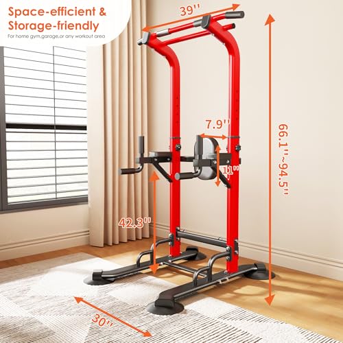 soges Power Tower Pull Up Bar Station, Dip Station for Home Gym, Height Adjustable Heavy Duty Strength Home Training Fitness Workout Equipment - color: Red-Bands