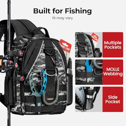 Piscifun Fishing Backpack with Rod Holder, Lightweight Sling Bag Storge Gear and Equipment - color: Black Camouflage, size: Standard, style: Urban