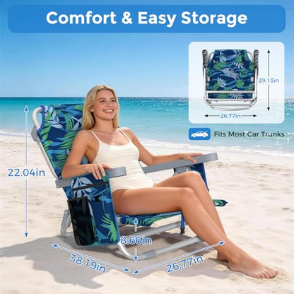 5-Position Backpack Beach Chair for Adults with Lumbar, Foldable Tall Heavy-Duty Beach Chairs with Cooler Bag,Cup Holder,Towel Rack for Beach, Camping, Outdoor