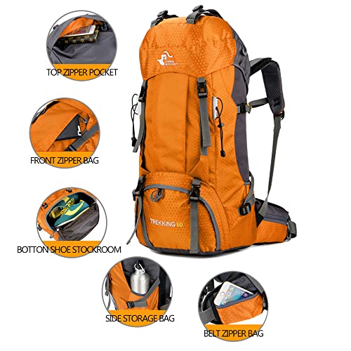 Bseash 60L Waterproof Hiking Camping Backpack with Rain Cover, Large Outdoor Sport Travel Daypack Rucksack for Climbing - color: Gold