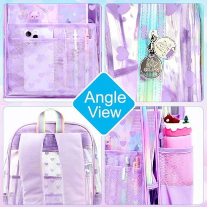 gxtvo 3PCS Clear Bookbag Heavy-Duty Set for Women & Teen Girls, 17" Purple Transparent Backpack with Rainbow Strap, Cute Love See Through School Bag - color: Purple Love Accents Clear Backpack Set