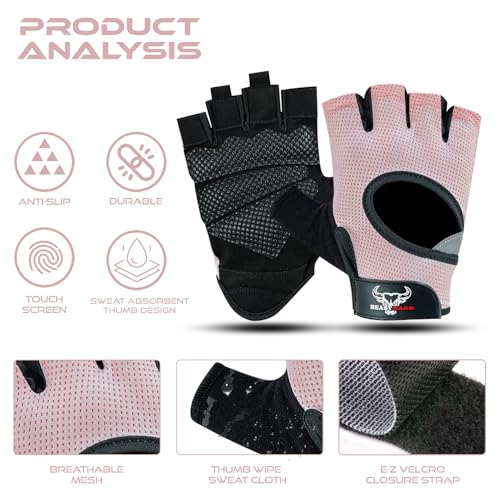 BEAST RAGE Fingerless Weight Lifting Gloves with Palm Protection Padding, Breathable Lightweight Gym Gloves for Men, Women, Weightlifting, Cycling, Exercise, Training Pull Up - color: Pink, size: Small