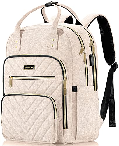 Backpack for Women, 15.6 Inch Laptop Backpack, Quilted College Bookbag | Cute Work Backpacks, Water Resistant, Beige - color: Beige, size: 15.6 Inch