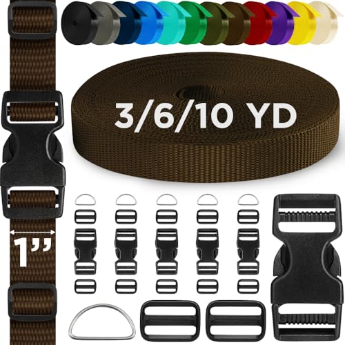 TECEUM Buckles & Strap Kit – 1" Brown Nylon Webbing 6 (yd) – 6 Heavy Duty Adjustable Plastic Buckles – 12 Tri-Glide Slide Clips – 6 Metal D-Ring – Ideal Straps for Arts Crafts Outdoors Indoors DIY - color: Brown, size: 1" - 6 yards, style: 6 Buckle - 12 S