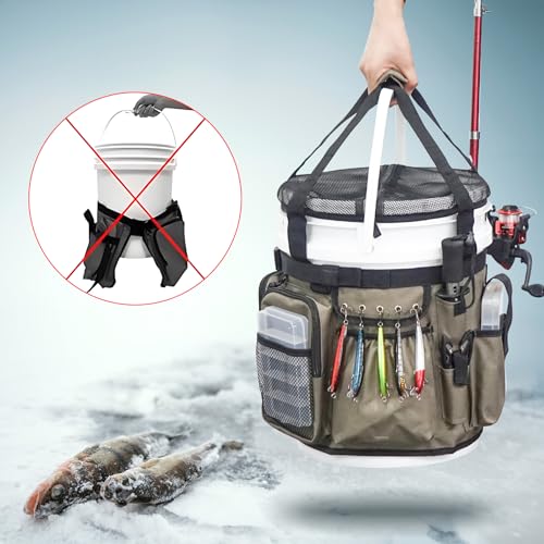 Fishing Bucket Organizer with Bucket Cover Fishing Tackle Bag with Rod & Plier Holder, Multi-Pockets for 5 Gallon Bucket Fishing Gear & Accessories Father Gifts - color: Khaki