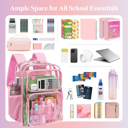 PACKISM Clear Backpack for School - 17 inch Large Heavy Duty Bookbag, Reinforced See Through PVC Transparent Backpack - color: Cute Pink, style: Daypack Backpacks