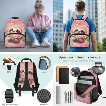 JEOCODY Cute Sloth Backpack for Girls Cherry Blossom Kids School Bag with Lunch Bag Pencil Case Water Bottle Holder,Childrens Backpack for Boys Casual Daypack for Travel Hiking Picnic - color: Cherry Blossom Sloth Printed