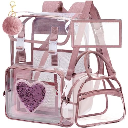 3Pcs Pink Clear Backpack for Girls, School Kids Transparent Bookbag Set, 17" Stadium Approved See Through Backpack with Lunch Box (Pink) - color: Clear Sequins Pink