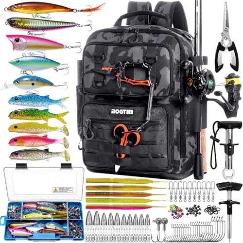 Fishing Backpack with Tackle Boxes and Rod Holders, Fishing Bag with Fishing Lure Kit Water-resistant Sling Tackle Bag Store Gear and Equipment, Bait Gifts for Men Woman Anglers-Camo Backpack - color: Camo