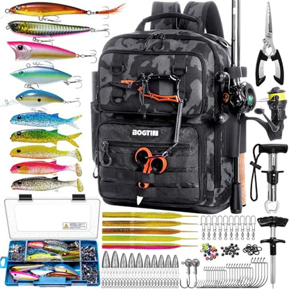 Fishing Backpack with Tackle Boxes and Rod Holders, Fishing Bag with Fishing Lure Kit Water-resistant Sling Tackle Bag Store Gear and Equipment, Bait Gifts for Men Woman Anglers-Camo Backpack - color: Camo