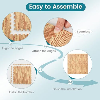 Happygrill 96 Sq. Ft. Interlocking Foam Floor Tiles, 24 PCS 2/5 Thick Wood Grain EVA Foam Mat w/48 Borders, 24” x 24” Puzzle Exercise Mat Gym Flooring for Home Gym Apartment Basement Play Room Yoga