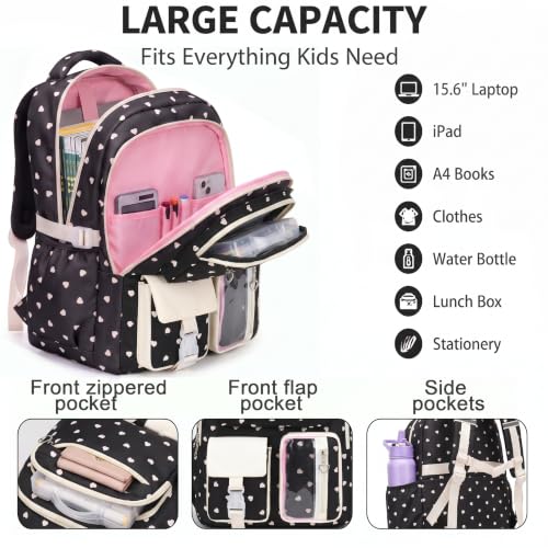 3PCS Kids Backpack Set, School Backpack with Lunch Bag & Pencil Case, Lightweight Waterproof Bookbag for Kids (Black Heart) - color: Black Heart