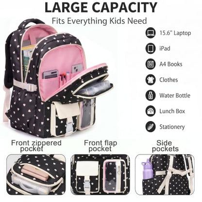 3PCS Kids Backpack Set, School Backpack with Lunch Bag & Pencil Case, Lightweight Waterproof Bookbag for Kids (Black Heart) - color: Black Heart