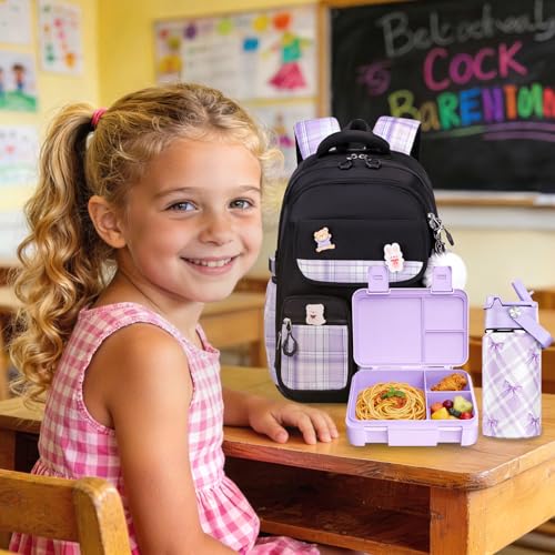 ACESAK 5PCS Backpack for Girls with Bento Box & 14oz Insulated Water Bottle - Cute School Girls Backpacks for Elementary Preschool Middle with Lunch Bag Pencial Case, Back To School (Black Purple) - color: Black Purple