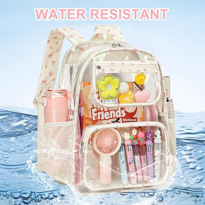 Bluboon Clear Backpack Heavy Duty Kids Boys Clear Bookbag See Through Backpacks with Pencil Case for College Work - color: Pink Bow 212-beige