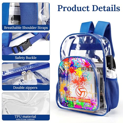 Custom Volleyball Clear Backpack Heavy Duty for Girls Kids Boys | Large Cool PVC Volleyball Theme Printing Transparent Backpacks for Schools Stadium Concerts Work - Clear/Blue - color: Volleyball Clear Backpack 1 Blue With Front Pocket Custom