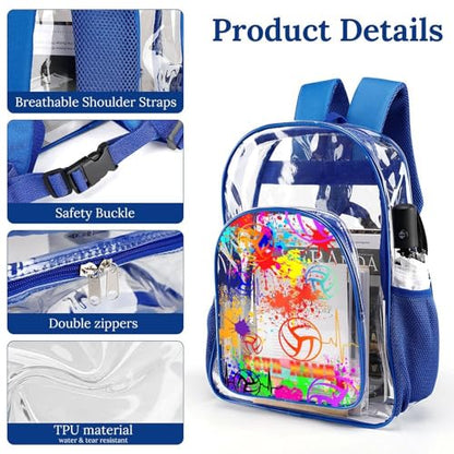 Custom Volleyball Clear Backpack Heavy Duty for Girls Kids Boys | Large Cool PVC Volleyball Theme Printing Transparent Backpacks for Schools Stadium Concerts Work - Clear/Blue - color: Volleyball Clear Backpack 1 Blue With Front Pocket Custom