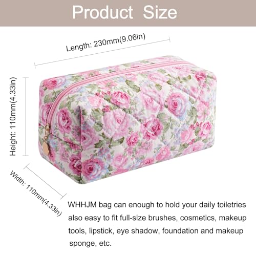 Cute Floral Makeup Bag Small Cotton Quilted Cosmetic Bag, Aesthetic Essential Bag Emergency Bag Gift for Women Girls Travel Accessories (Pink Rose) - color: Pink Rose