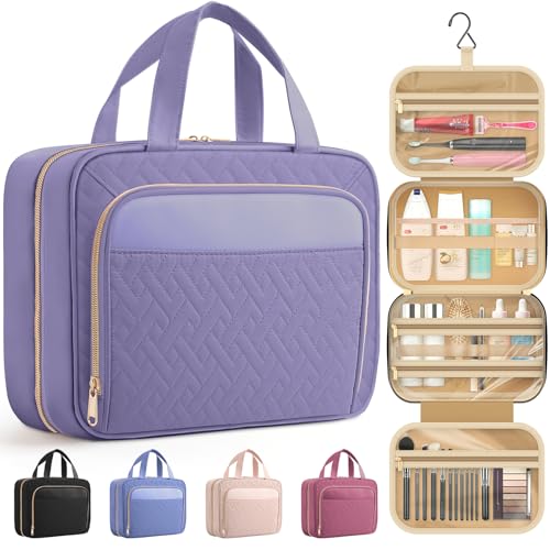 HOTOR Travel Toiletry Bag for Women & Men, Waterproof Makeup Bag with Hanging Hook and Multiple Pockets, Cosmetic Bags for Women, Travel Essentials, 11.2'' x 3.2'' x 8.9'', Light Purple - color: Light Purple, size: Medium
