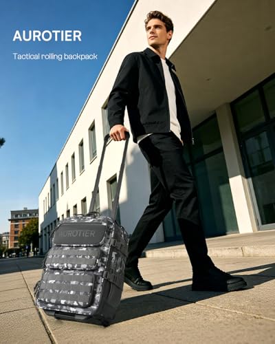 AUROTIER Rolling Tactical Laptop Backpack, Underseat Travel Backpack with Wheels, 16 Inch Wheeled Computer Backpack for Men and Women, Roller Overnight Molle Outdoor Hiking College Carry on Luggage - color: Black Camo