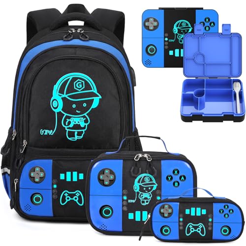 Bevalsa Backpack for Boys with 43OZ Bento Lunch Box,Insulated Lunch Bag & Pencial Case,Cool Luminous Gamer Schoolbag for Kids Teens Elementary Middle School,Bookbag Glow In The Dark - color: Blue, style: Backpack With 43oz Bento Box
