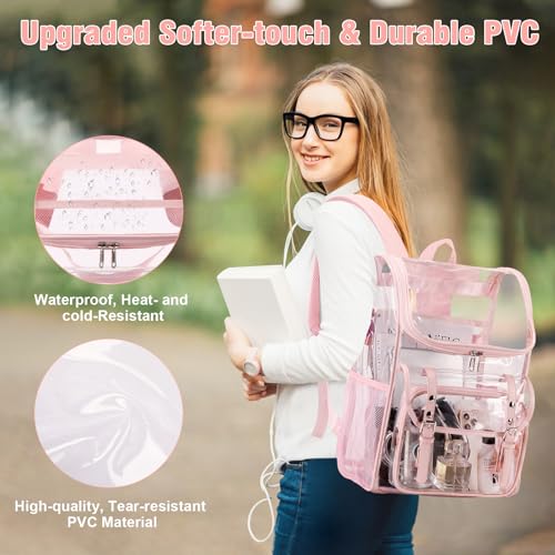 DIGOBAY Clear Backpack with Lunch Bag Set, Leather Clear Backpack Heavy Duty Thick PVC Bookbag See Through Transparent Backpacks with Support Pad for Women Girls College Travel Work Pink - color: Pink
