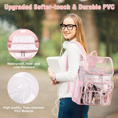 DIGOBAY Clear Backpack with Lunch Bag Set, Leather Clear Backpack Heavy Duty Thick PVC Bookbag See Through Transparent Backpacks with Support Pad for Women Girls College Travel Work Pink - color: Pink