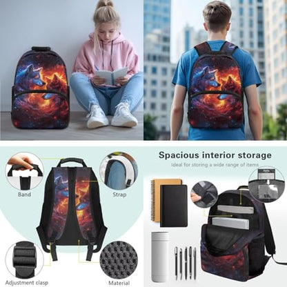 JEOCODY Cool Fire Wolf Kids Bookbag School Backpack with Lunch Box for Girls, Boys Backpack with Water Bottle Holder and Pencil Case Set of 4 School Supplies Organizer - color: Cool Fire Wolf Printedd