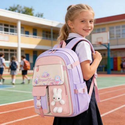 3pcs Girls Backpack With Lunch Box & Pencil Case,Cute Rabbit Kids School Backpack Set For Kindergarten & Elementary School (Style A Purple-16.5in) - color: Style A-purple
