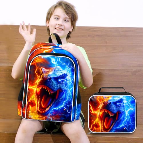 AGSDON 3PCS Dinosaur Backpack for Boys, 17" Kids Bookbag with Lunch Box for Boy, Flame Thunder Backpacks Water Resistant and Lightweight for Teen - color: Dinosaur