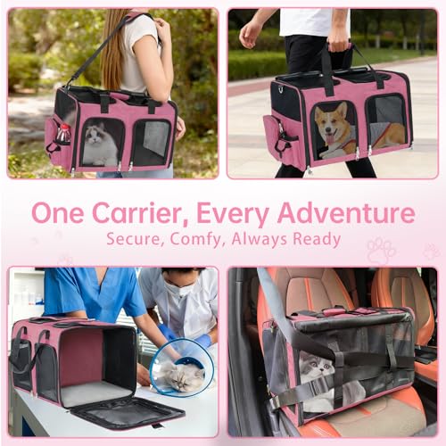 Cat Carrier for 2 Cats - Double Pet Carrier Extra Large, Dual Cabin Multi Cat Travel Carrier with Removable Divider, Collapsible, Can Hold 20 30 40 lbs for Two Small Kitten, Medium Dog Pink - color: Pink