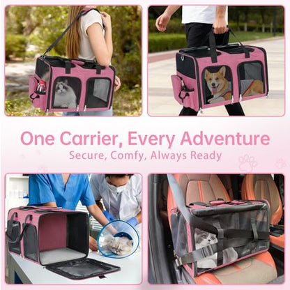 Cat Carrier for 2 Cats - Double Pet Carrier Extra Large, Dual Cabin Multi Cat Travel Carrier with Removable Divider, Collapsible, Can Hold 20 30 40 lbs for Two Small Kitten, Medium Dog Pink - color: Pink